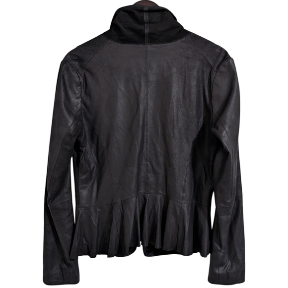 Bod & Christensen Black Leather Draped Jacket w/ Back Ruffle - 6 - Picture 2 of 8
